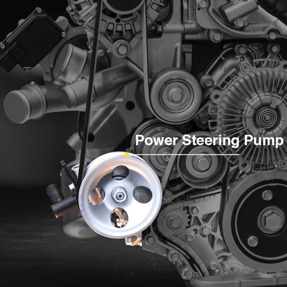 A power steering pump highlighted on a car engine